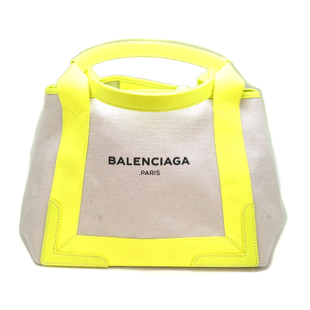Balenciaga Navy Blue Cabas Handbag Neon Yellow Canvas